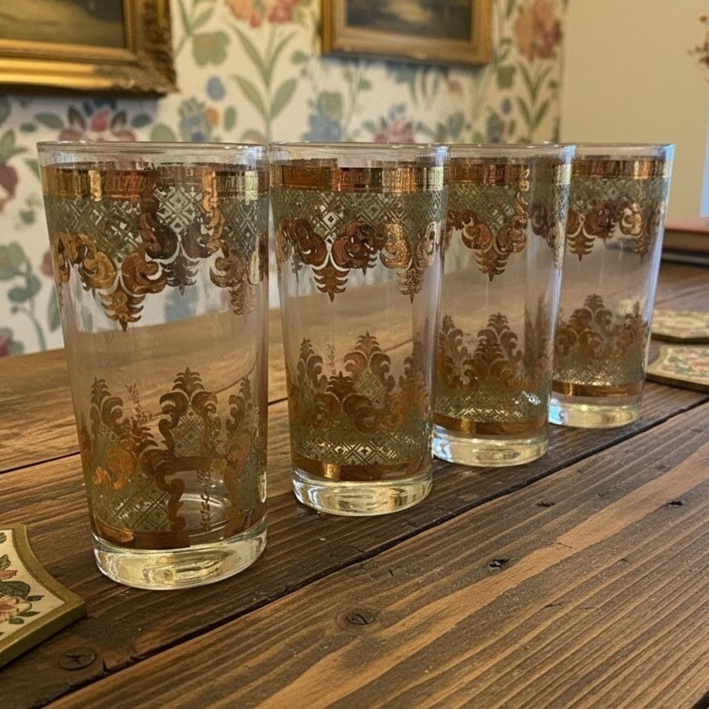 Georges Briard Signed Carrara Highball Glasses, Set of 4, Gold & Green Tumblers